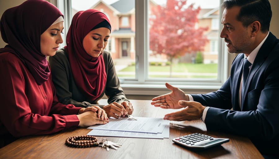 Canadian Muslim couple meeting with a real estate lawyer at a dining table, reviewing inheritance documents and house keys, with prayer beads and a calculator on the table and a suburban brick house and red maple tree visible through the window.