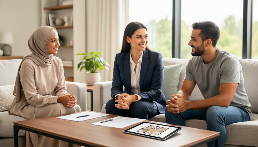 Muslim professional woman meeting with real estate agent in office setting