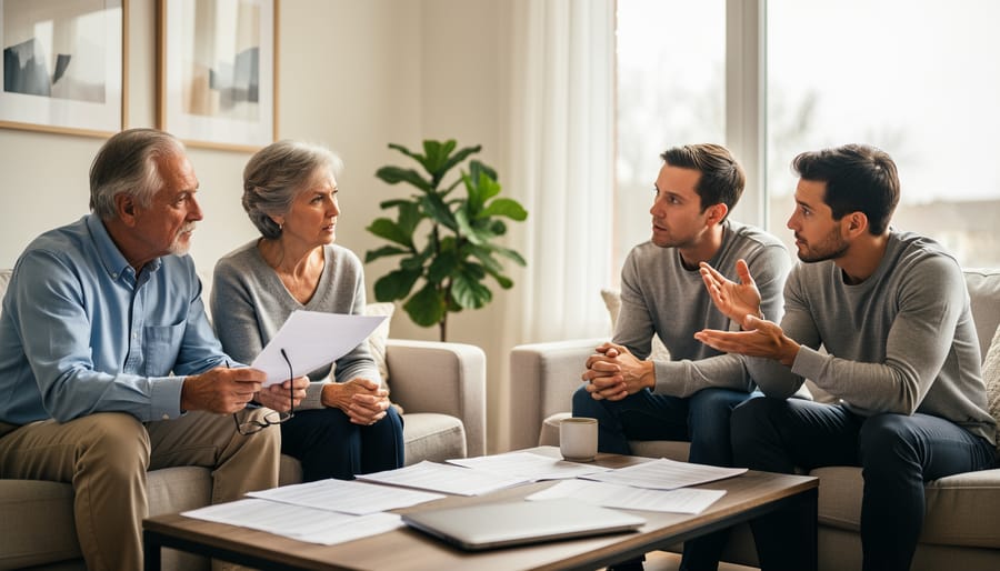 Muslim family members gathered around table discussing inheritance documents together
