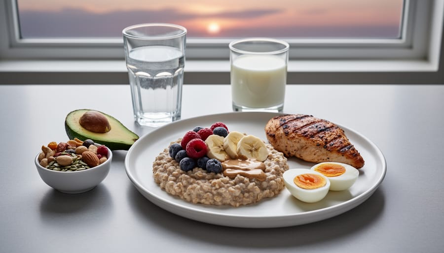 Overhead view of nutritious suhoor meal with whole grains, eggs, vegetables and fruit