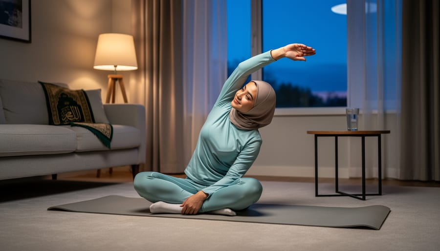 Muslim woman doing gentle stretching exercise at home during Ramadan