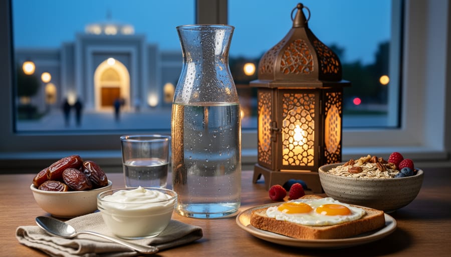 Ramadan tabletop with water carafe and glass, dates, whole‑grain oats with nuts and berries, Greek yogurt, and eggs on whole‑wheat toast beside a small lantern, with a blue-hour window showing a blurred mosque entrance and people walking.