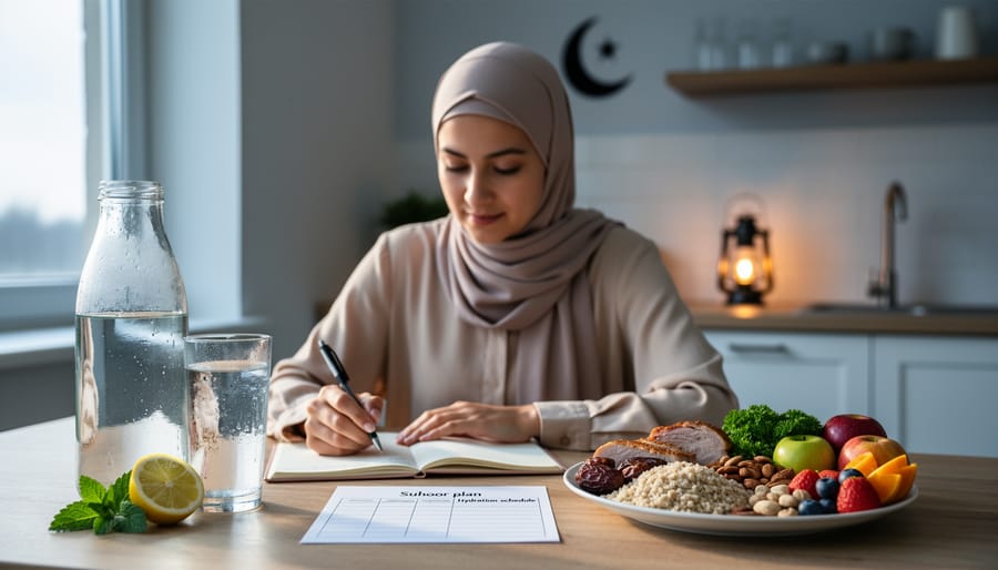 Glass of water and dates on table representing Ramadan hydration and nutrition