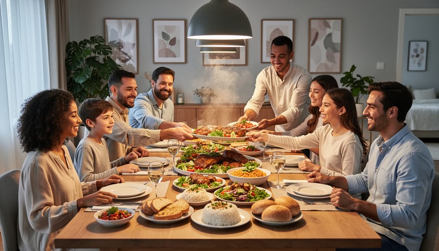 Families seated inside Z Halal Restaurant with a server bringing a tray of halal dishes in a warmly lit dining room