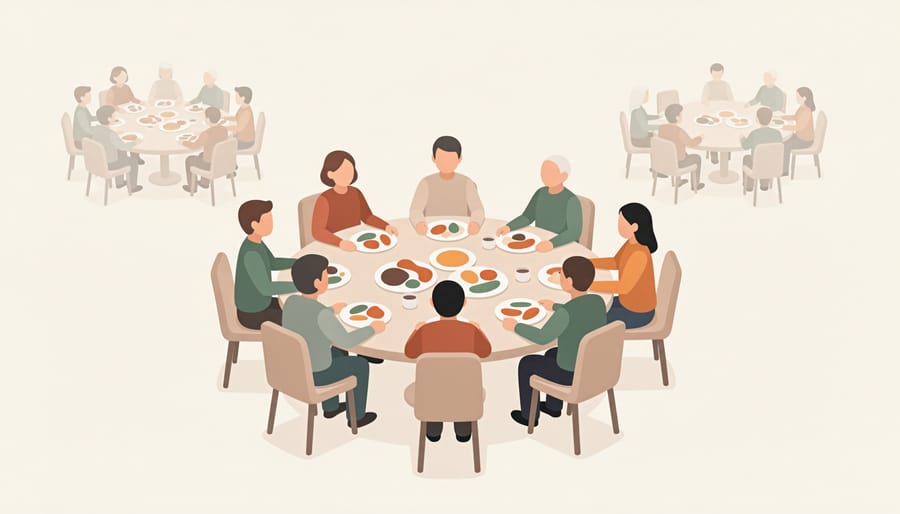 Diverse group of people sharing a meal together near the entrance of Z Halal Restaurant during golden hour