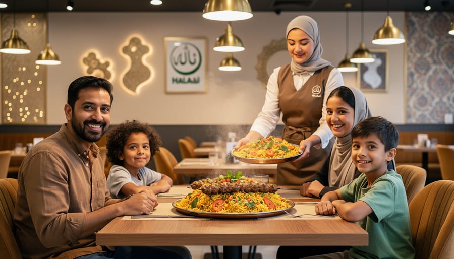 “Family sharing biryani and kebabs at a warm, welcoming halal restaurant table with a server delivering a steaming dish.”