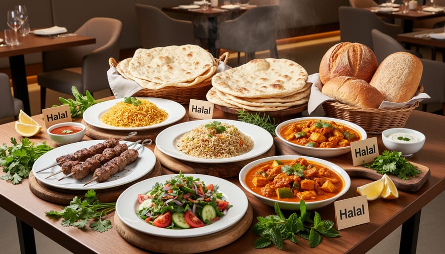 Close-up of halal dishes including rice, chicken, salad, and naan on a restaurant table