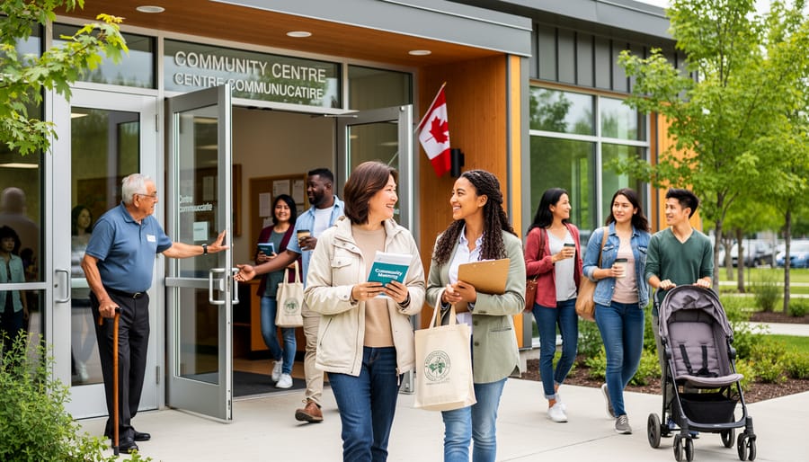 Diverse Muslim community members arriving at a community center in Canada