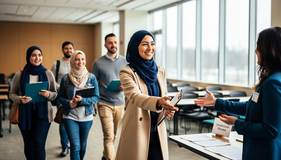 Diverse Muslim Canadians arriving together at a community meeting space, symbolizing civic participation and representation in Canada.