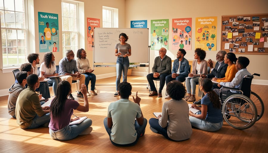 Muslim youth volunteer leading a workshop with other participants in a community hall