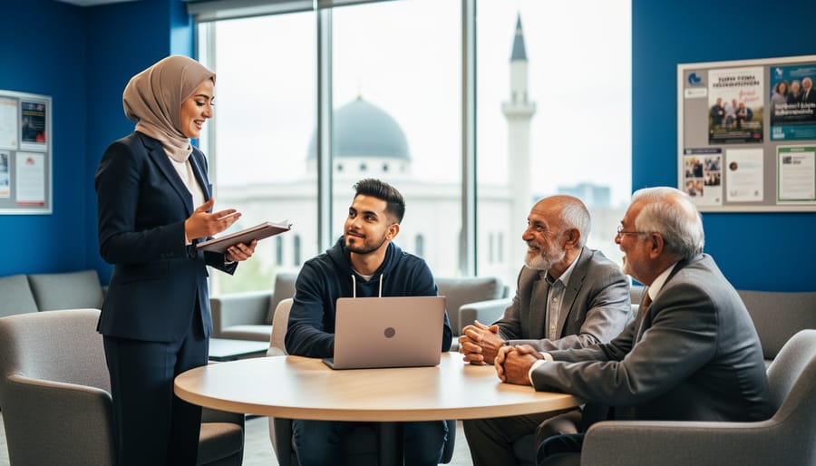Diverse Canadian Muslim community members collaborating in a bright community center meeting space, with youth and elders gathered around a table under natural light.