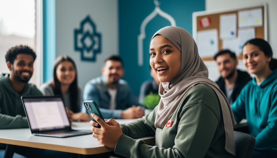 Young Canadian Gen Z Muslim organizer in a modern community space holding a smartphone while speaking with diverse peers around a table, with softly blurred civic and community context in the background.