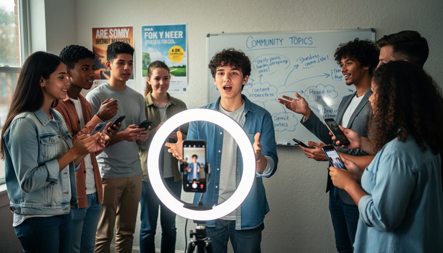 Youth recording a short video on a smartphone with a ring light on a table