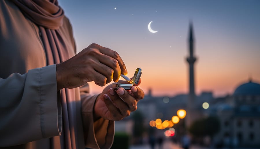 Adult holding a cigarette outdoors and disposing of it as Ramadan begins