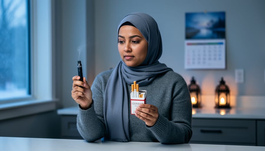 A Canadian Muslim adult at home in early morning light holding a smoking cessation item and a cigarette pack, symbolizing choosing to quit smoking before Ramadan fasting.